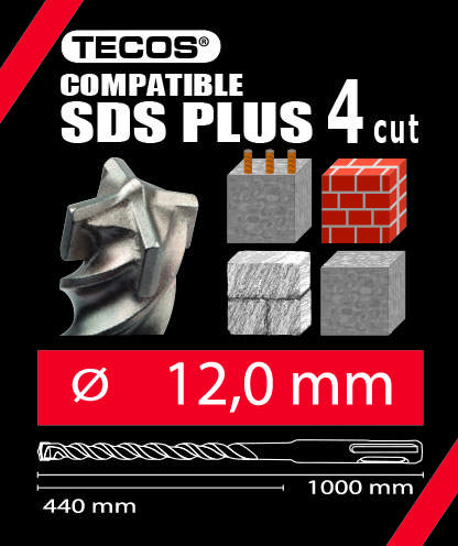 Vasarapora SDS Plus, 12 × 1000 mm, 4-Teräinen