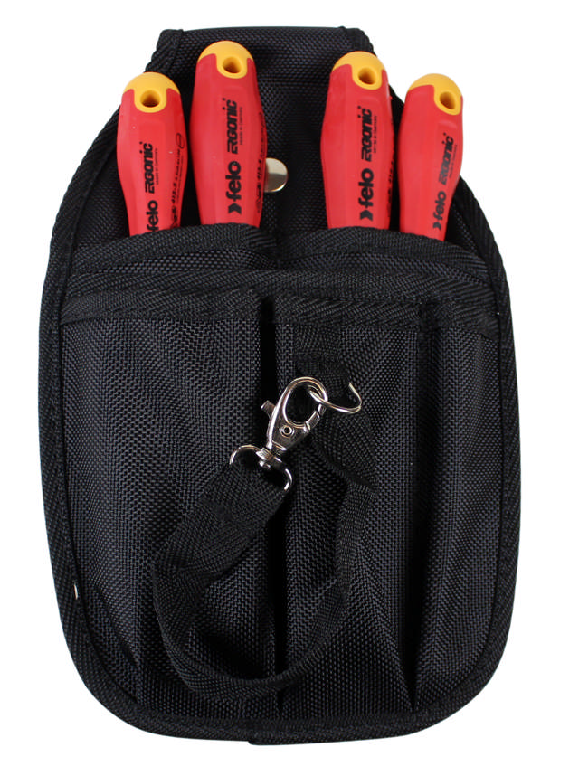 Työkalutasku jossa tilaa pihdeille ja ruuvitaltoille